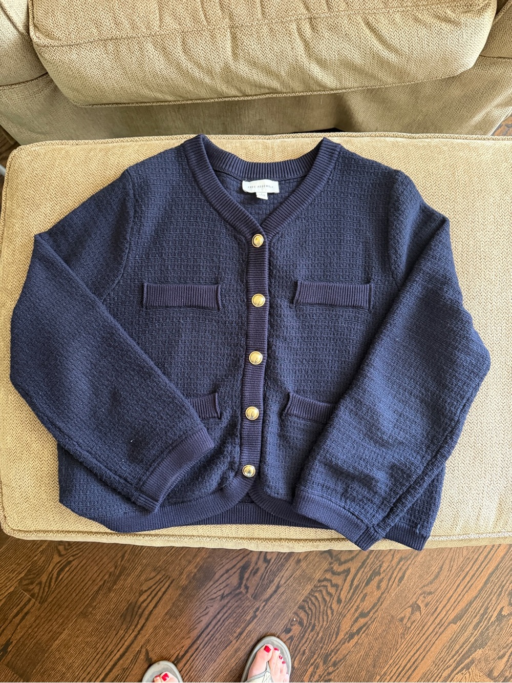 Free Assembly Navy Textured Knit Cardigan Jacket Gold Buttons L 12-14